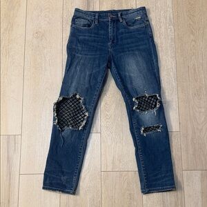 Blank NYC Boyfriend Jeans Fishnet Knee Insets Dark Blue Size 26